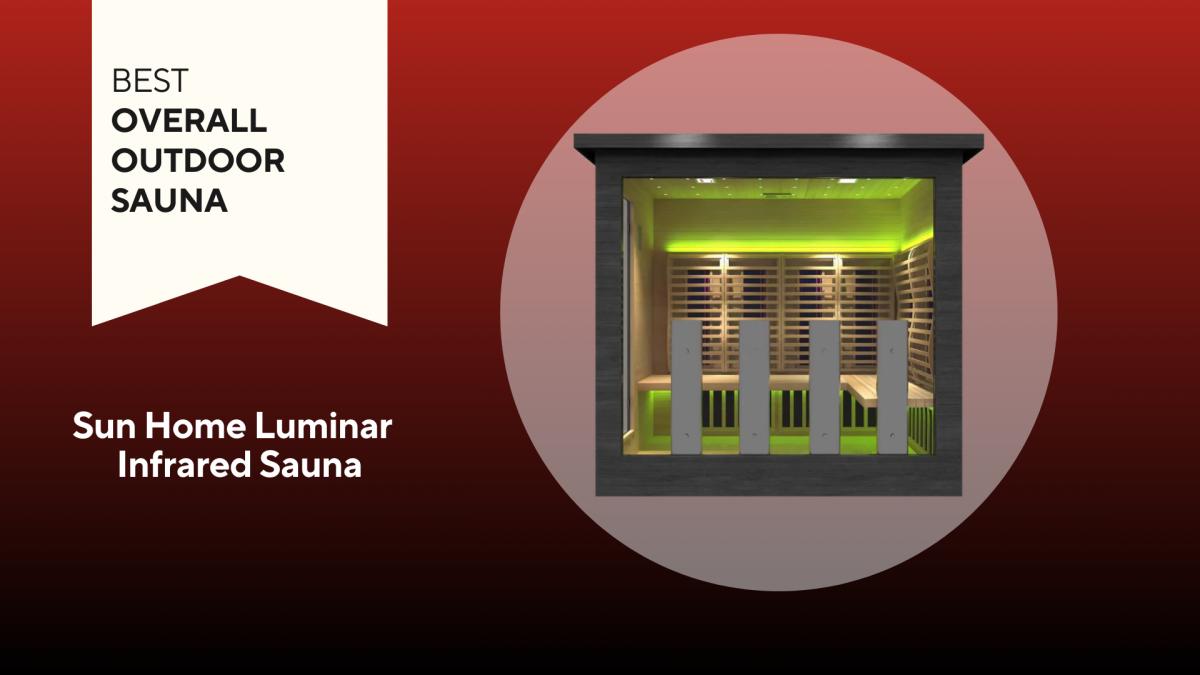 A box-shaped grey, green and beige Sun Home Luminar Outdoor 5-Person Full-Spectrum Infrared Sauna